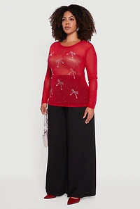 Womens Plus Size Sheer Mesh Top with Rhinestone and Faux Pearl Bows, Red, Size 2X