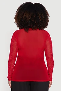 Womens Plus Size Sheer Mesh Top with Rhinestone and Faux Pearl Bows, Red, Size 2X