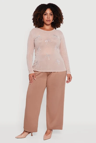 Womens Plus Size Sheer Mesh Top with Rhinestone and Faux Pearl Bows, Beige, Size 2X