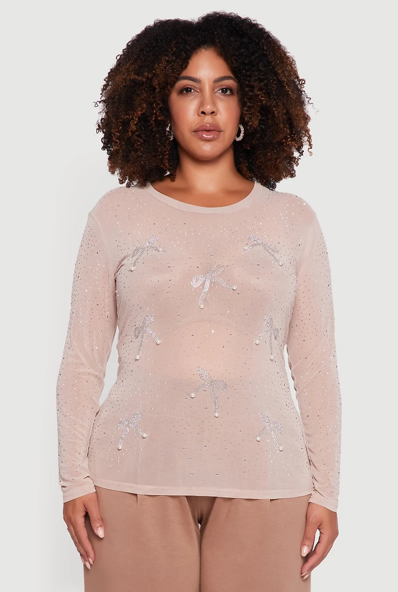 Womens Plus Size Sheer Mesh Top with Rhinestone and Faux Pearl Bows, Beige, Size 2X
