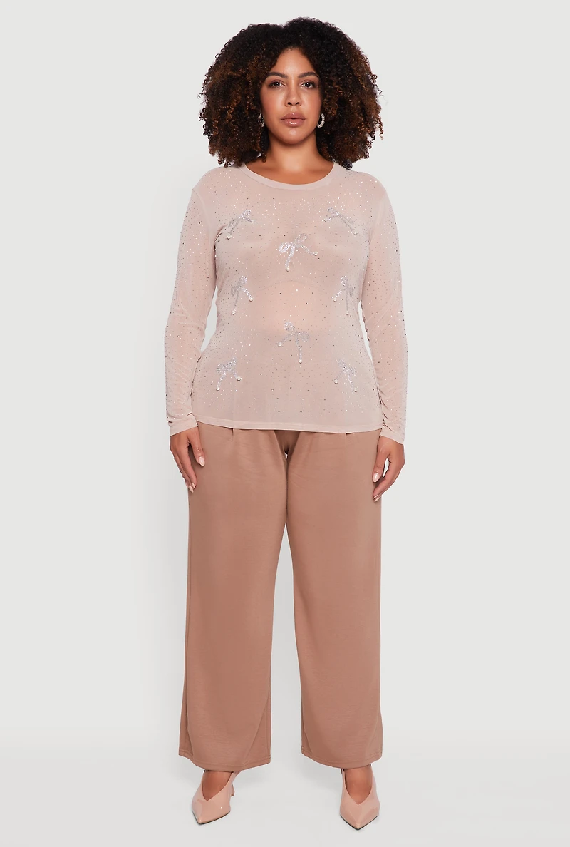 Womens Plus Size Sheer Mesh Top with Rhinestone and Faux Pearl Bows, Beige, Size 2X