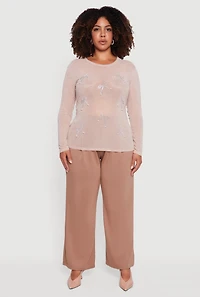 Womens Plus Size Sheer Mesh Top with Rhinestone and Faux Pearl Bows, Beige, Size 2X