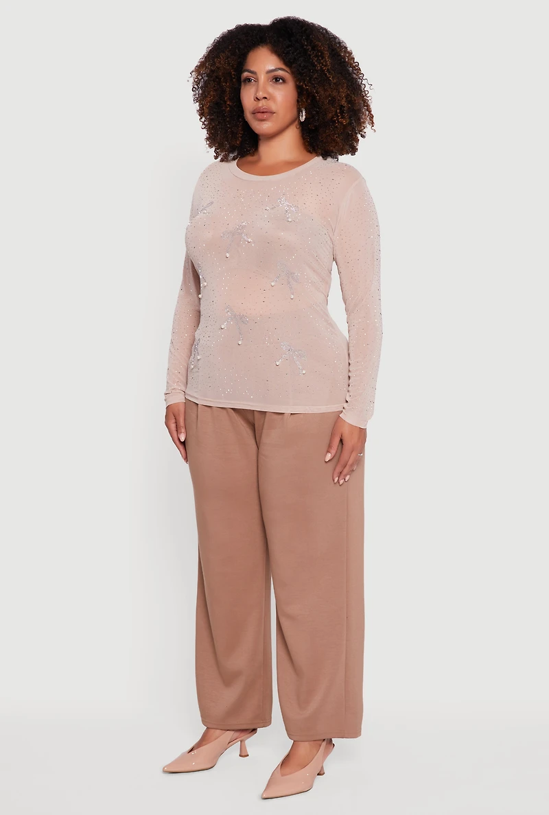 Womens Plus Size Sheer Mesh Top with Rhinestone and Faux Pearl Bows, Beige, Size 2X