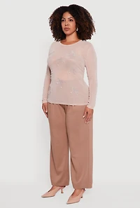 Womens Plus Sheer Mesh Top with Rhinestone and Faux Pearl Bows, Beige,