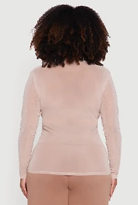 Womens Plus Sheer Mesh Top with Rhinestone and Faux Pearl Bows, Beige,
