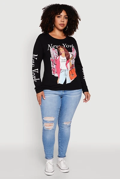 Womens Plus Size New York Long Sleeve Graphic Tee, Black, Size 1X