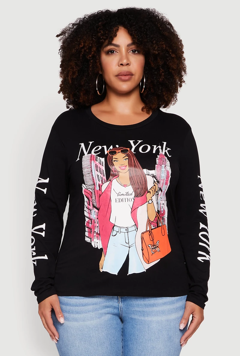 Womens Plus Size New York Long Sleeve Graphic Tee, Black, Size 1X