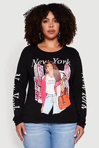 Womens Plus Size New York Long Sleeve Graphic Tee, Black, Size 1X