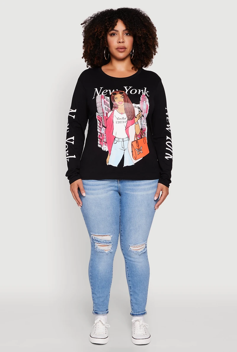 Womens Plus Size New York Long Sleeve Graphic Tee, Black, Size 1X