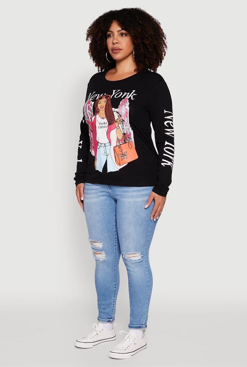 Womens Plus Size New York Long Sleeve Graphic Tee, Black, Size 1X
