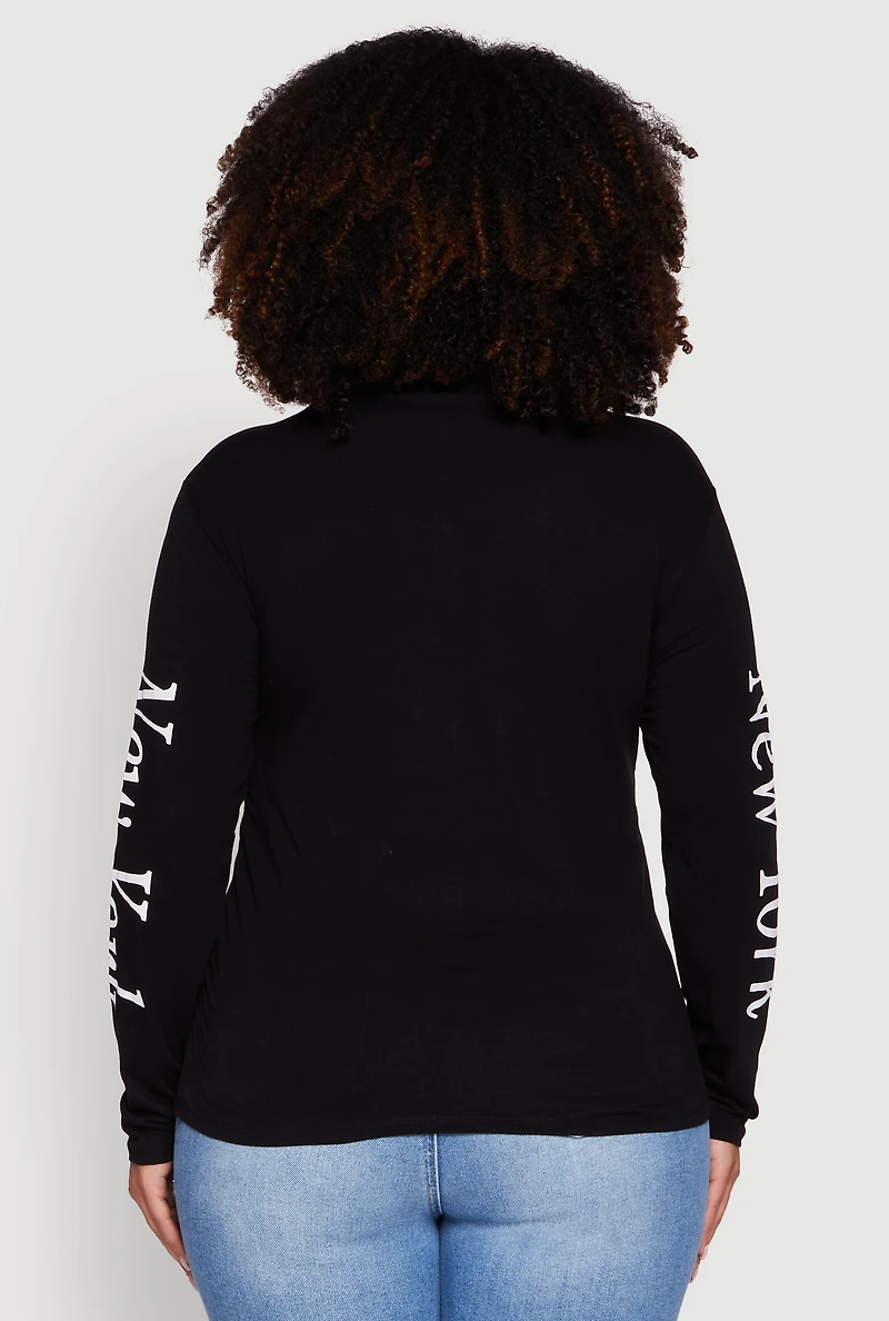Womens Plus Size New York Long Sleeve Graphic Tee, Black, Size 1X