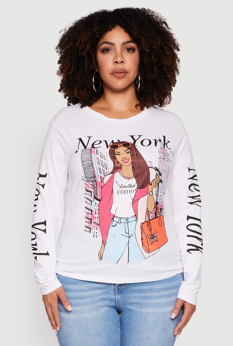 Womens Plus Size New York Long Sleeve Graphic Tee, White, Size 2X