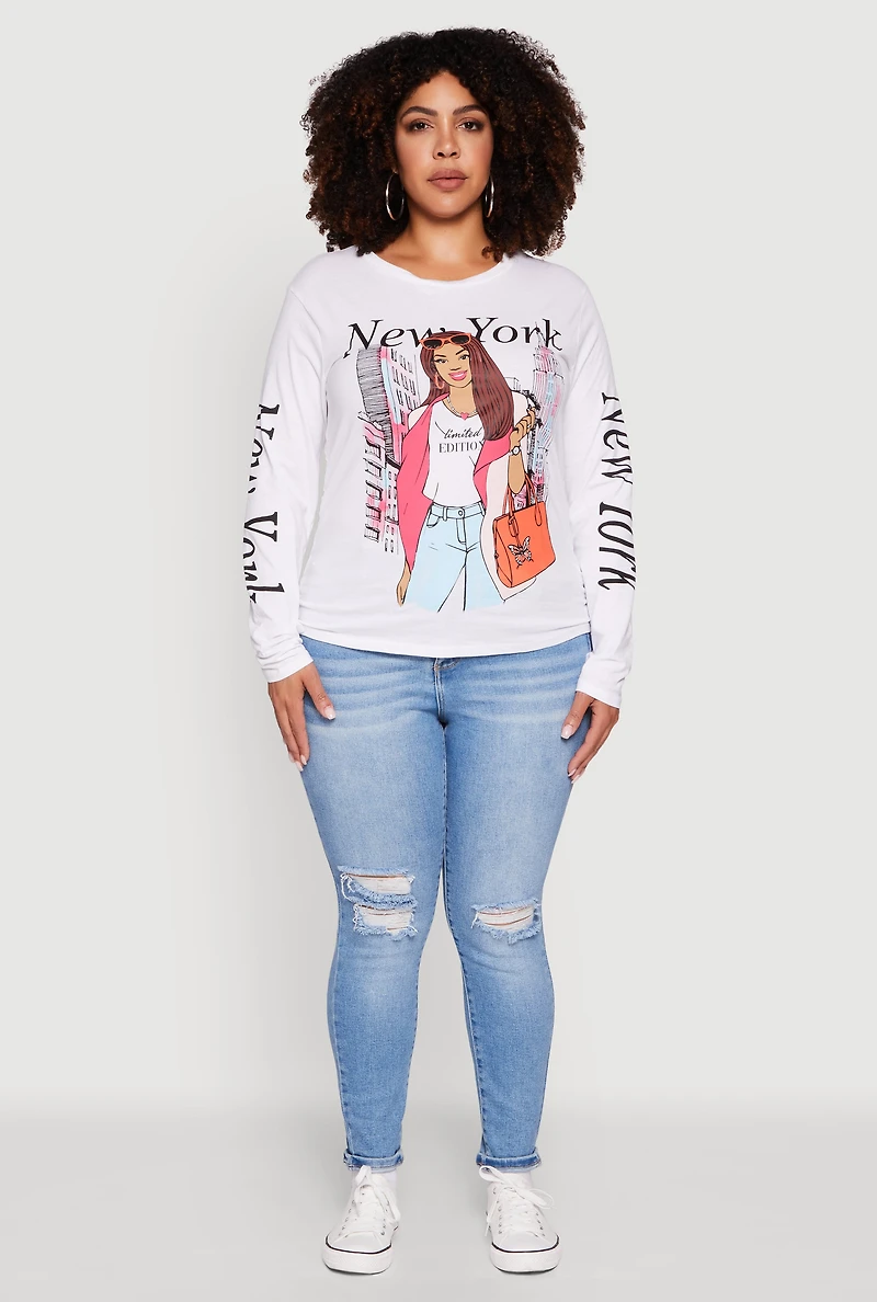 Womens Plus Size New York Long Sleeve Graphic Tee, White, Size 2X