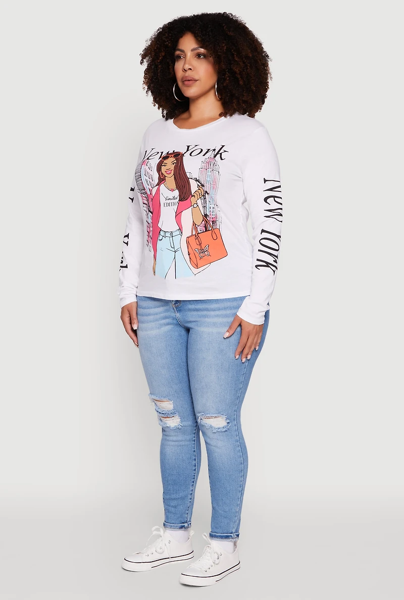 Womens Plus Size New York Long Sleeve Graphic Tee, White, Size 2X