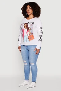 Womens Plus Size New York Long Sleeve Graphic Tee, White, Size 2X