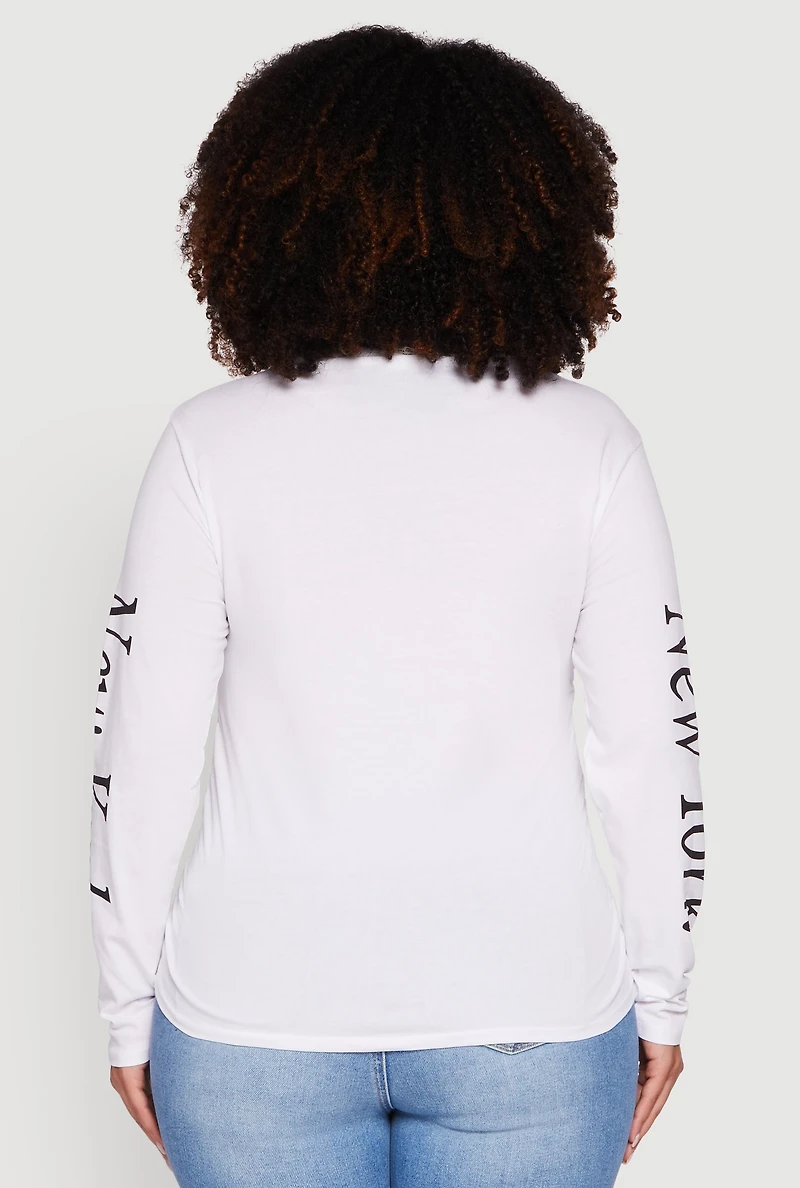 Womens Plus Size New York Long Sleeve Graphic Tee, White, Size 2X