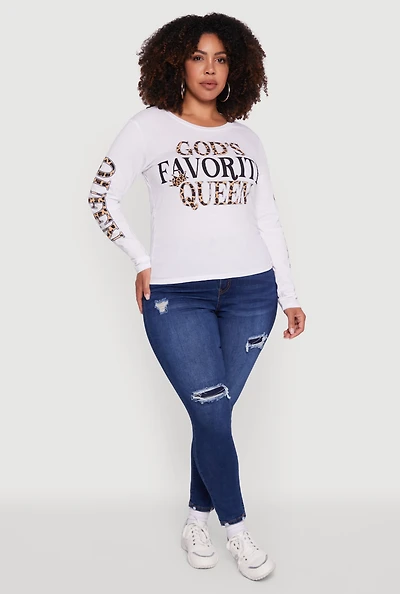 Womens Plus Size Gods Favorite Queen Long Sleeve T-Shirt, White, Size 1X