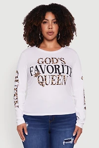 Womens Plus Size Gods Favorite Queen Long Sleeve T-Shirt, White, Size 1X