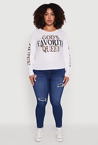 Womens Plus Size Gods Favorite Queen Long Sleeve T-Shirt, White, Size 1X