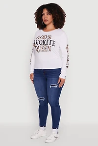 Womens Plus Size Gods Favorite Queen Long Sleeve T-Shirt, White, Size 1X