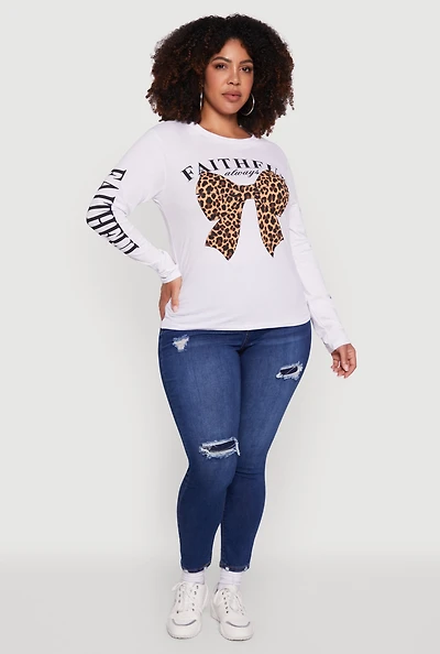 Womens Plus Size Faithful Graphic Long Sleeve Crew Neck Tee, White, Size 1X