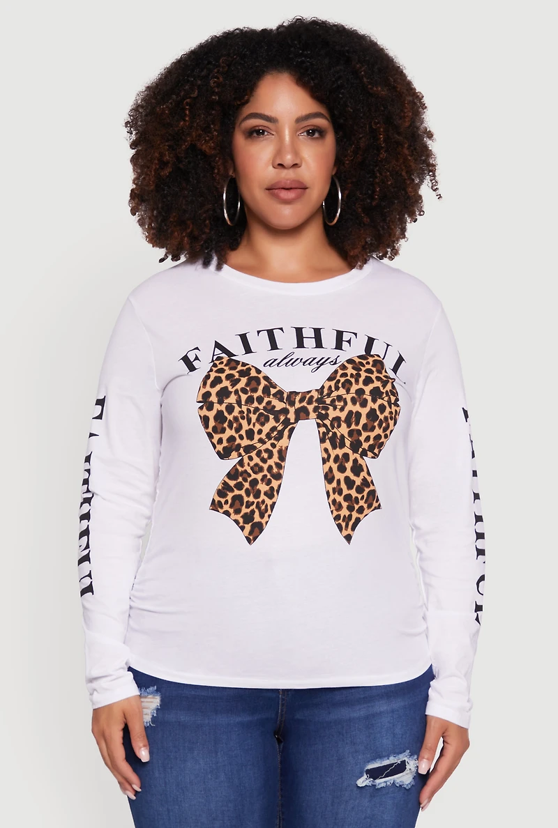 Womens Plus Size Faithful Graphic Long Sleeve Crew Neck Tee, White, Size 1X