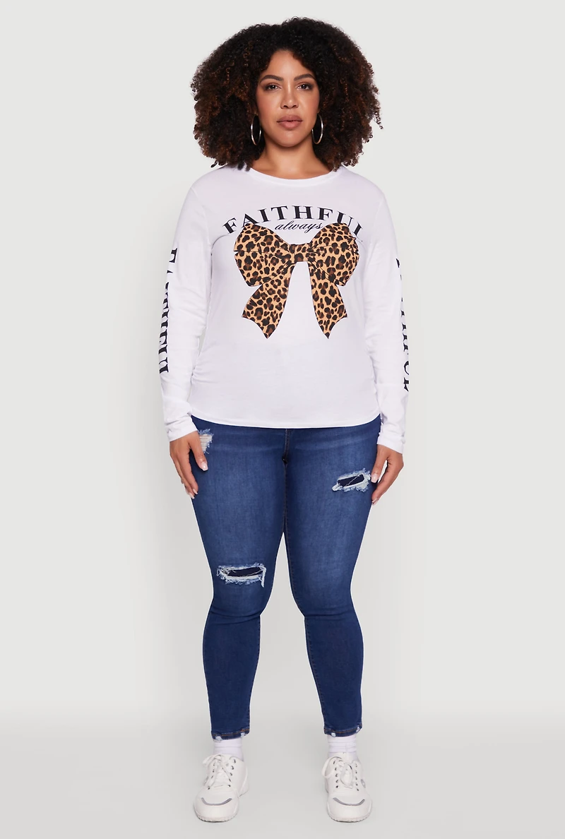 Womens Plus Size Faithful Graphic Long Sleeve Crew Neck Tee, White, Size 1X