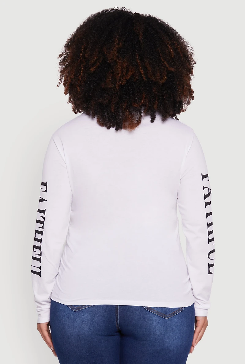 Womens Plus Size Faithful Graphic Long Sleeve Crew Neck Tee, White, Size 1X