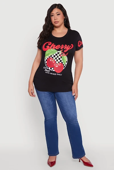 Womens Plus Size Cherry Club Graphic T-Shirt, Black, Size 1X