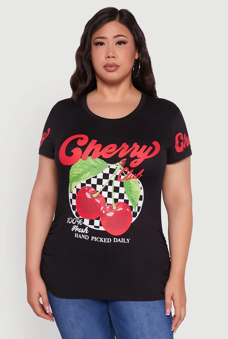 Womens Plus Size Cherry Club Graphic T-Shirt, Black, Size 1X