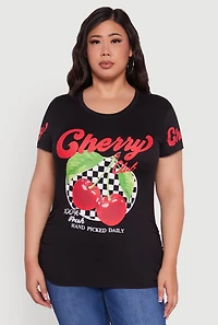 Womens Plus Size Cherry Club Graphic T-Shirt, Black, Size 1X