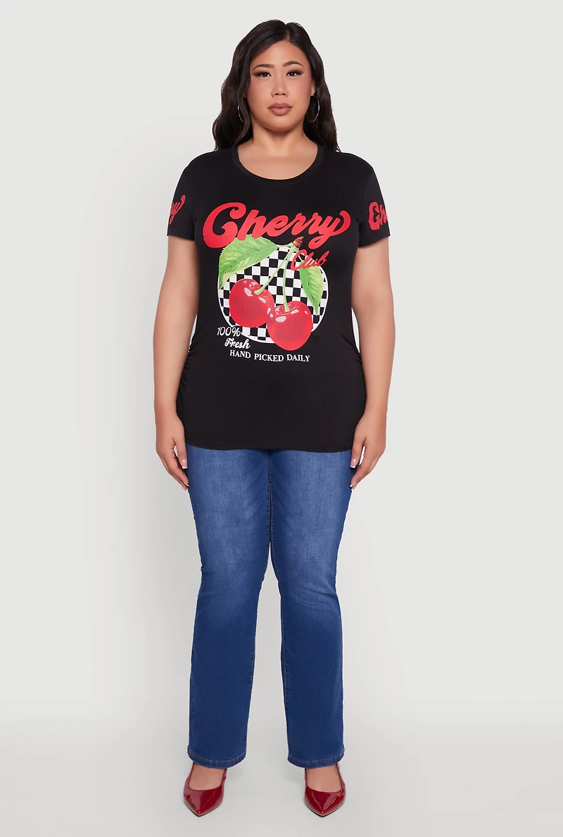 Womens Plus Size Cherry Club Graphic T-Shirt, Black, Size 1X