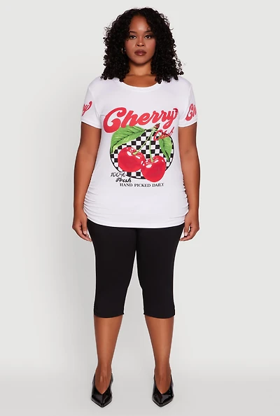 Womens Plus Size Cherry Club Graphic T-Shirt, White, Size 1X