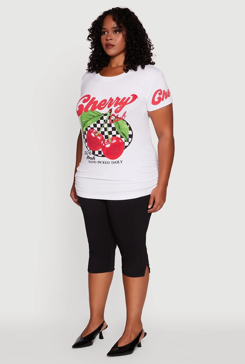 Womens Plus Size Cherry Club Graphic T-Shirt, White, Size 1X