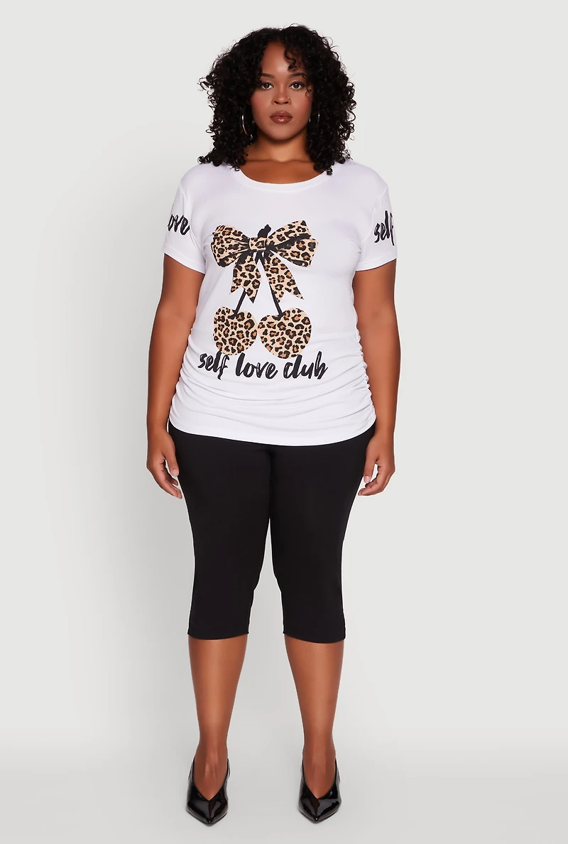 Womens Plus Self Love Club Leopard Print Detail Graphic Tee, White,