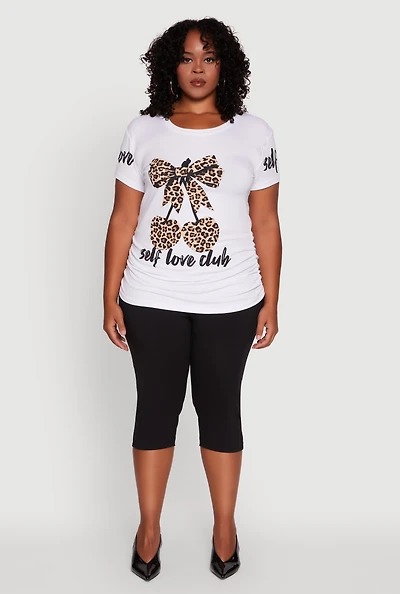 Womens Plus Self Love Club Leopard Print Detail Graphic Tee, White,