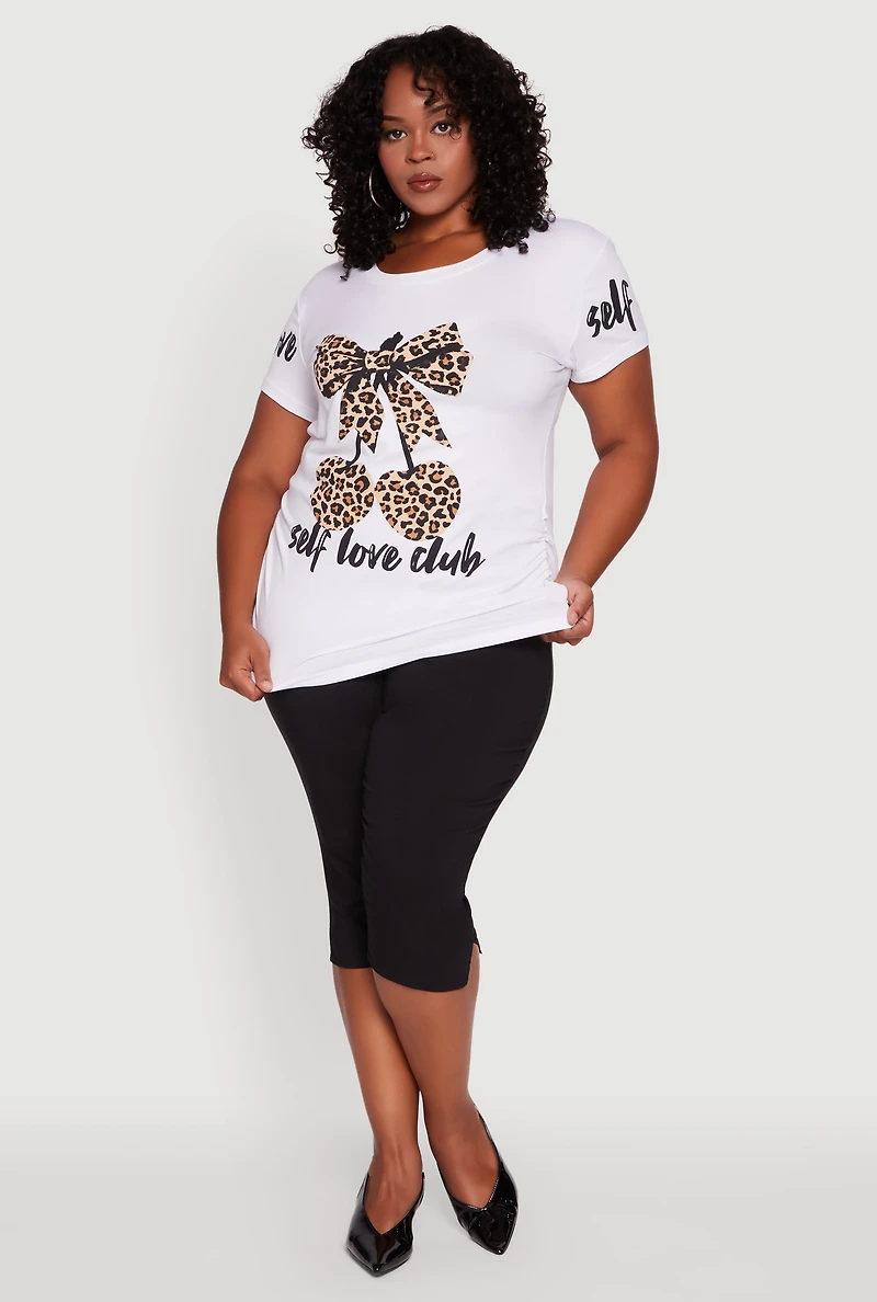 Womens Plus Self Love Club Leopard Print Detail Graphic Tee, White,