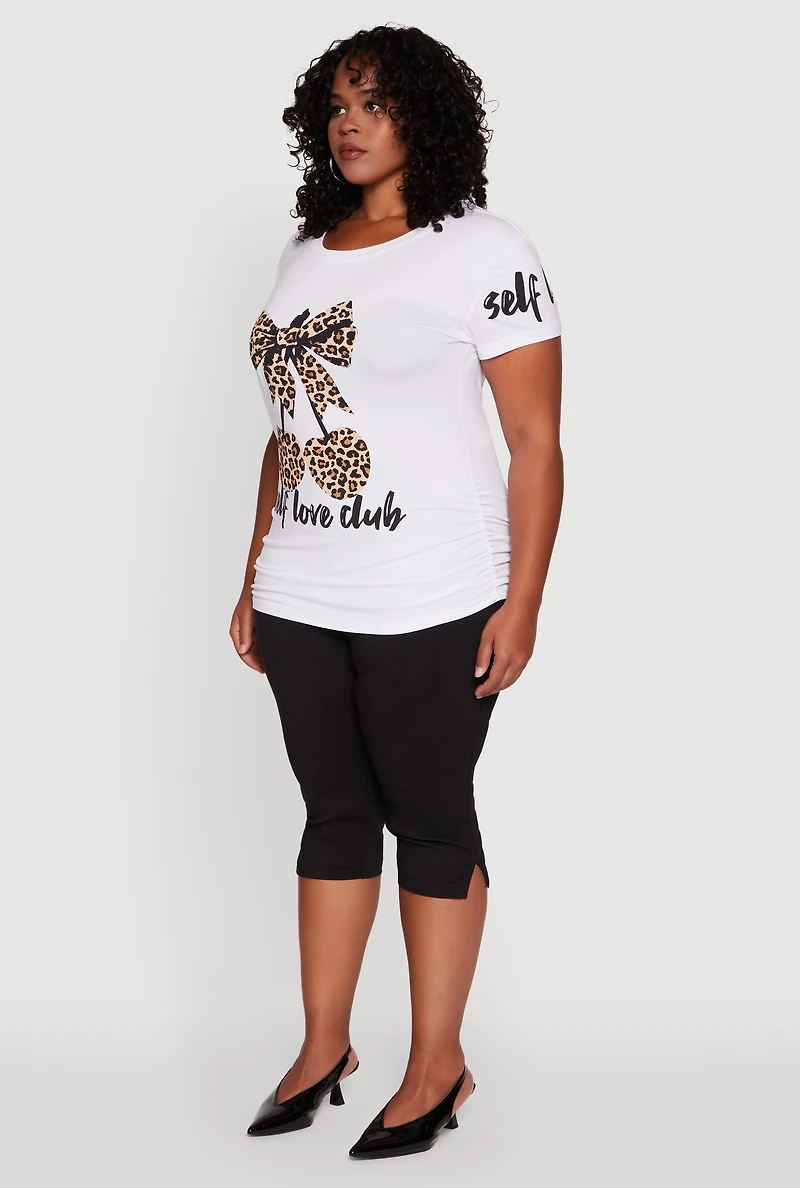 Womens Plus Self Love Club Leopard Print Detail Graphic Tee, White,