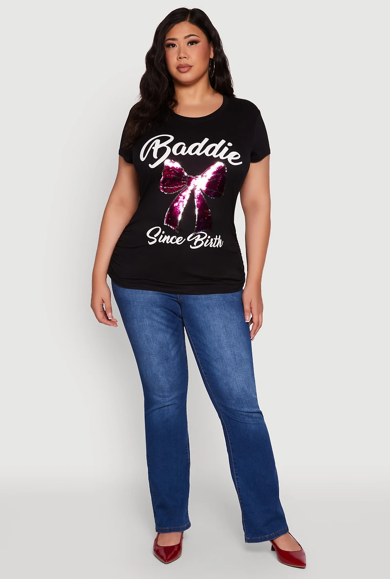 Womens Plus Size Baddie Since Birth Sequin Graphic Tee, Black, Size 3X