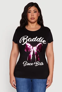 Womens Plus Baddie Since Birth Sequin Graphic Tee,