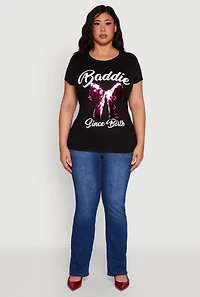 Womens Plus Size Baddie Since Birth Sequin Graphic Tee, Black, Size 3X