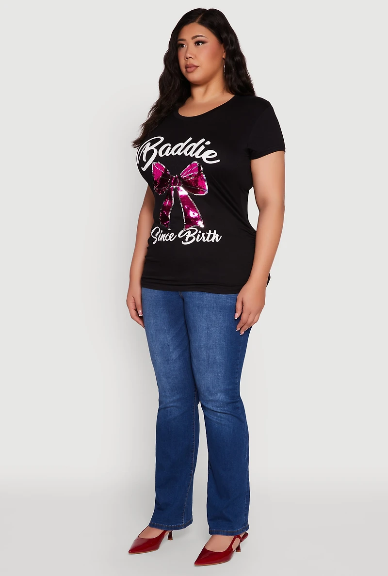Womens Plus Baddie Since Birth Sequin Graphic Tee,