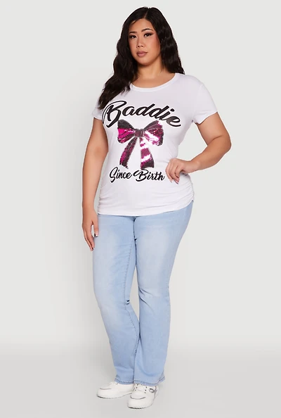 Womens Plus Size Baddie Since Birth Sequin Graphic Tee, White, Size 1X