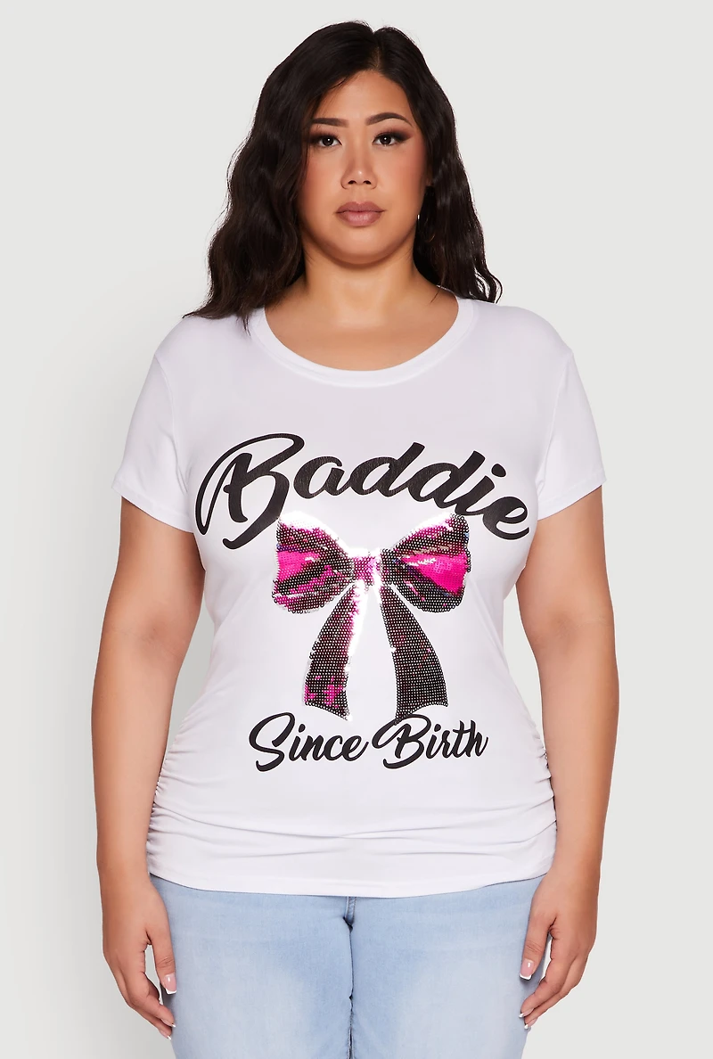 Womens Plus Size Baddie Since Birth Sequin Graphic Tee, White, Size 1X