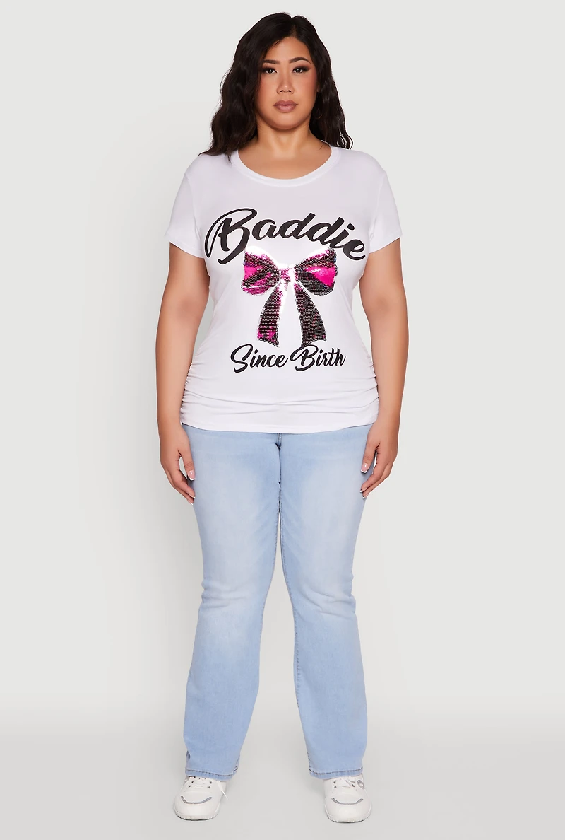 Womens Plus Size Baddie Since Birth Sequin Graphic Tee, White, Size 1X