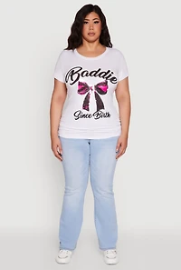 Womens Plus Size Baddie Since Birth Sequin Graphic Tee, White, Size 1X