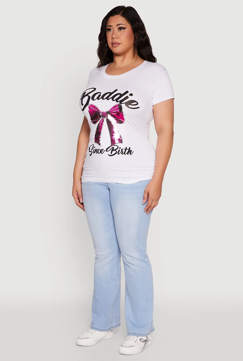 Womens Plus Size Baddie Since Birth Sequin Graphic Tee, White, Size 1X