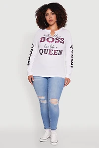 Womens Plus Long Sleeve Hustle Like A Boss Graphic Tee, White,