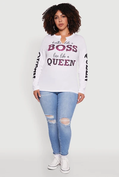 Womens Plus Long Sleeve Hustle Like A Boss Graphic Tee, White,