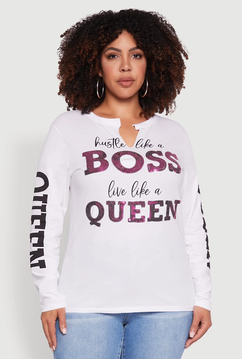Womens Plus Long Sleeve Hustle Like A Boss Graphic Tee, White,